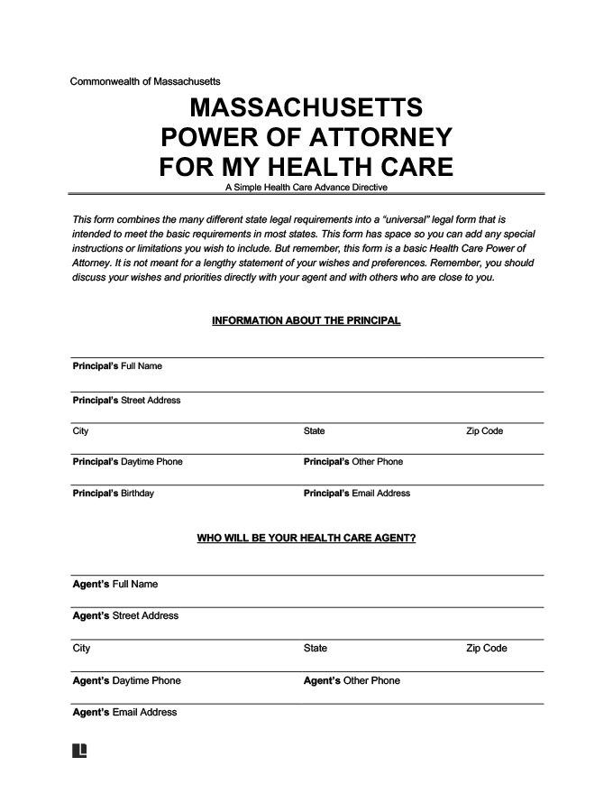 Free Massachusetts Health Care Proxy PDF Word Legal Templates