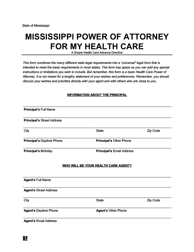 Free Mississippi Medical Power Of Attorney Form Pdf Word Downloads