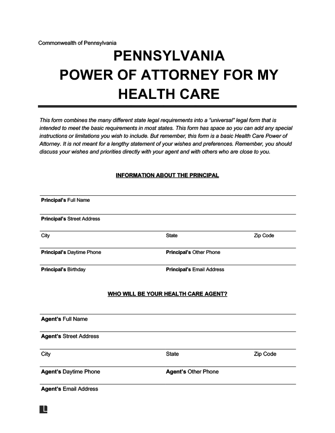 Pennsylvania medical power of attorney screenshot