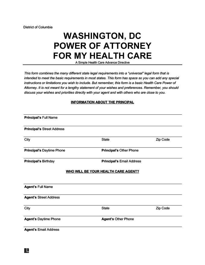 washington dc medical power of attorney template