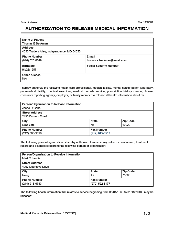 Generic Printable Medical Records Release Authorization Form Erika