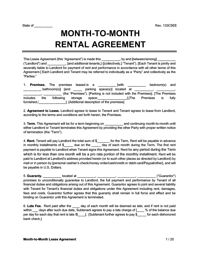 MonthtoMonth Rental/Lease Agreement Legal Templates