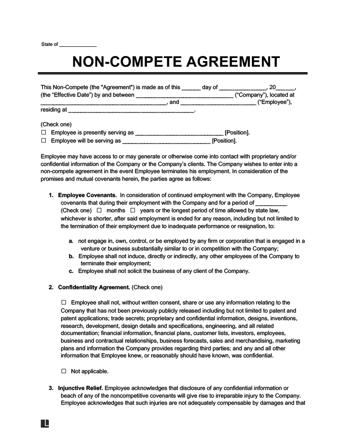 Free Non Compete Agreement Template Printable PDF Word
