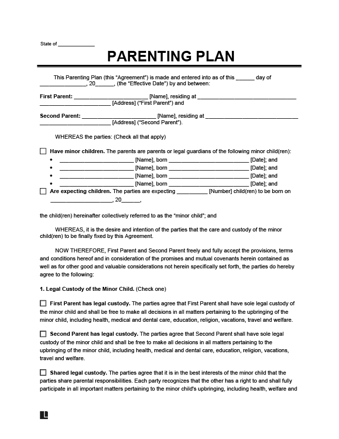 Parenting Plan Template Free Child Custody Agreement Form Legal