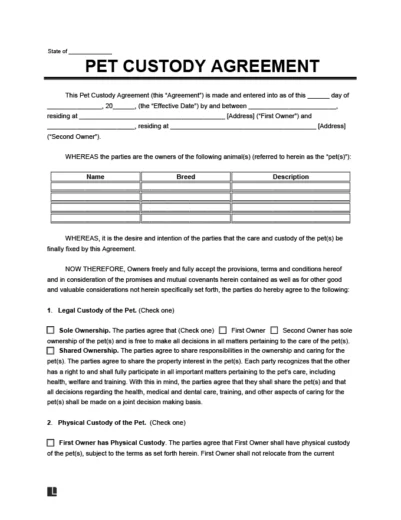 Pet Custody Agreement Template