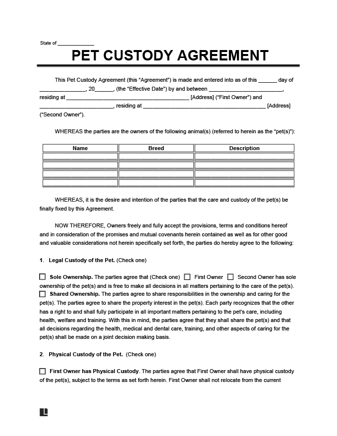 Free Pet Custody Agreement Template PDF & Word