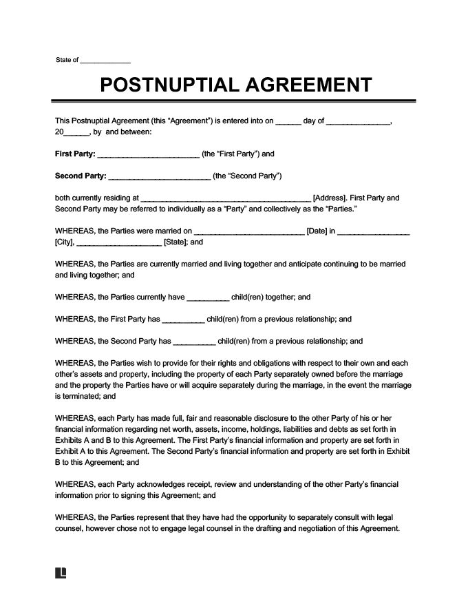 Postnuptial Agreement Template Create a Free Postnup