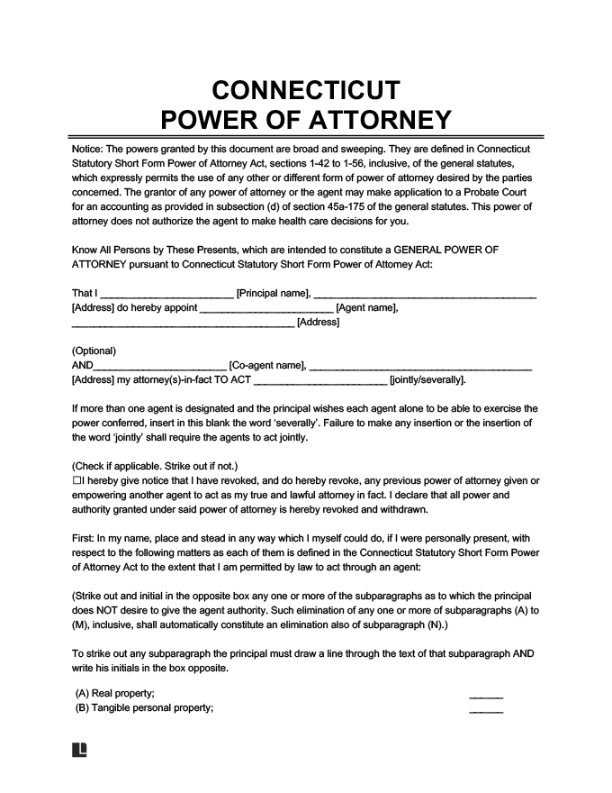 Free Connecticut CT Power Of Attorney Forms Legal Templates