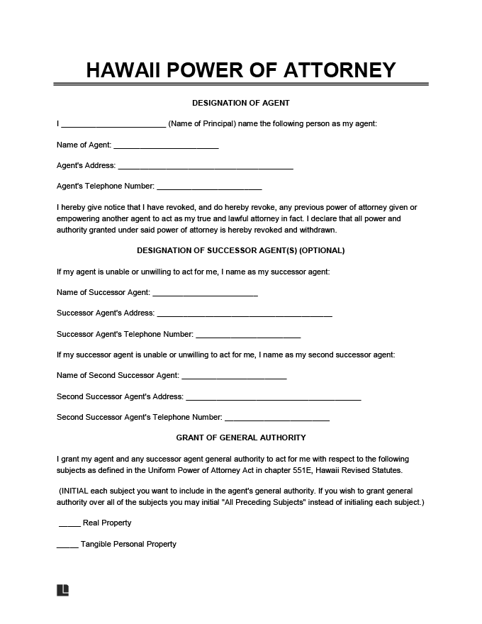 Free Hawaii Power Of Attorney Form Legal Templates