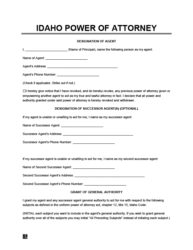 Free Printable Power Of Attorney Form Idaho 9179