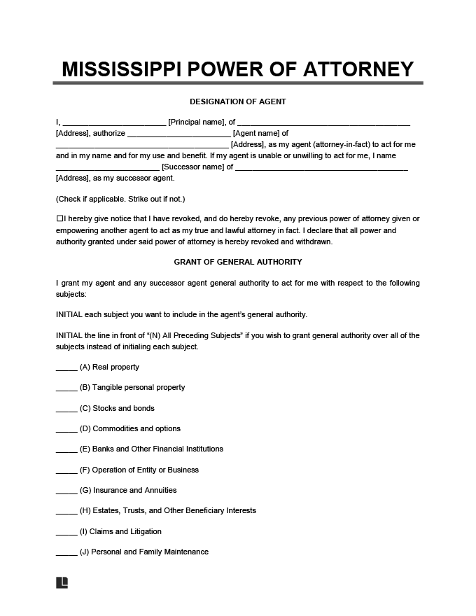 Free Mississippi Power Of Attorney Forms Legal Templates