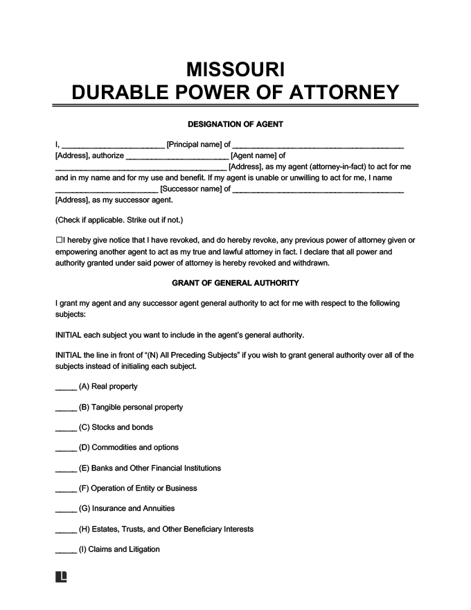 Printable Durable Power Of Attorney Forms Printable Forms Free Online   Missouri Durable Power Of Attorney 