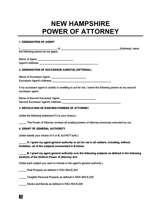 New Hampshire Power Of Attorney Forms Legal Templates