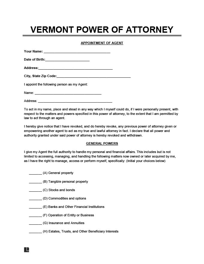 Vermont power of attorney form