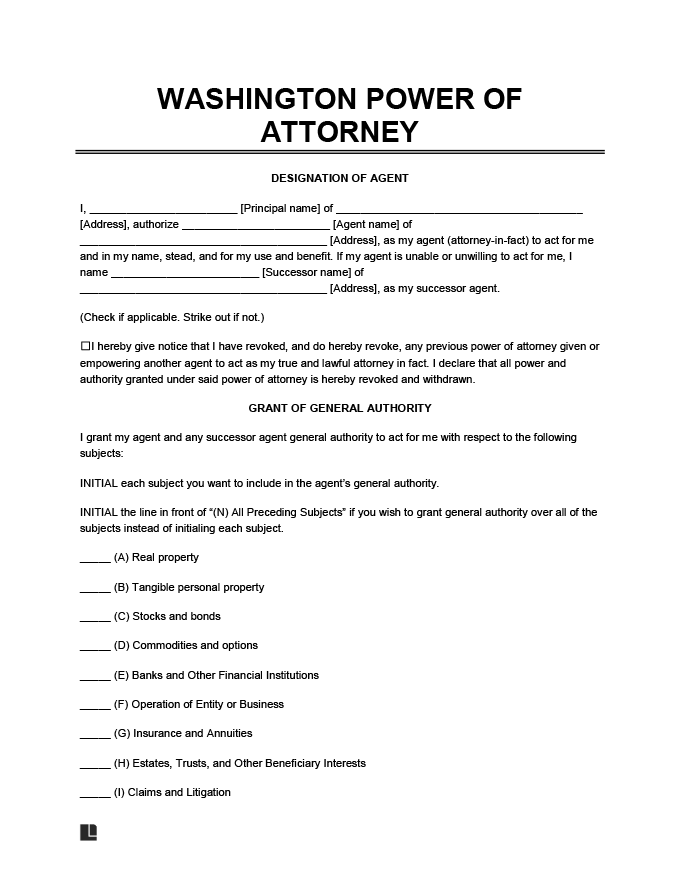 Washington Power of Attorney Forms PDF & Word Downloads