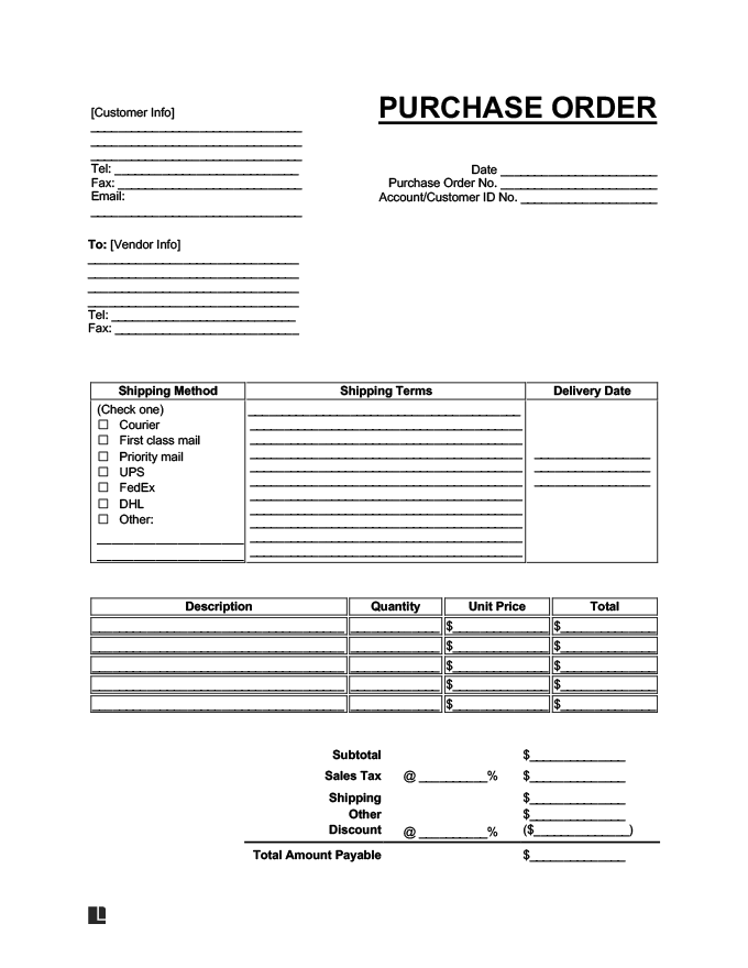 Free Purchase Order (PO) Template Printable PDF & Word