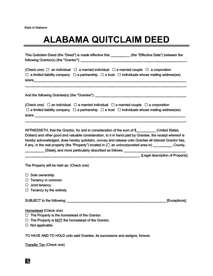 Free Alabama Quitclaim Deed Form How To Write Guide