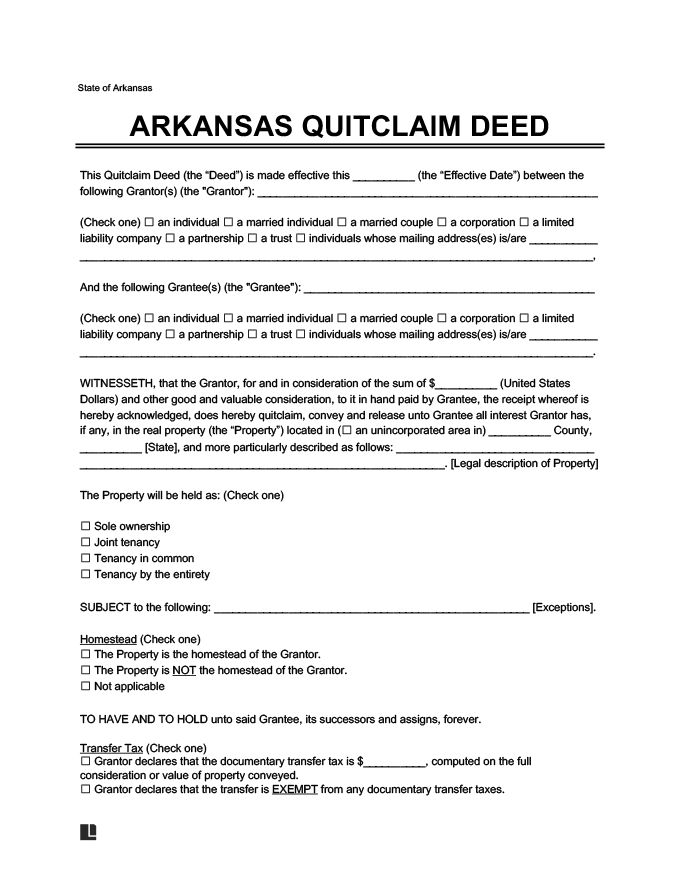 Free Arkansas Quitclaim Deed Form PDF Word