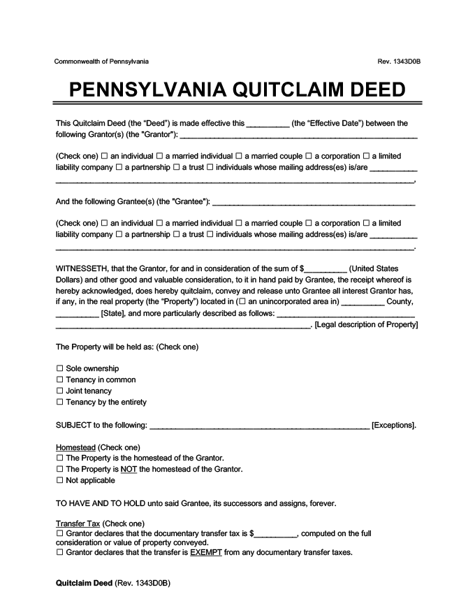 Pennsylvania quitclaim deed screenshot
