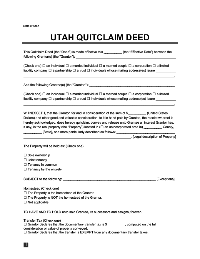 Utah quitclaim deed screenshot