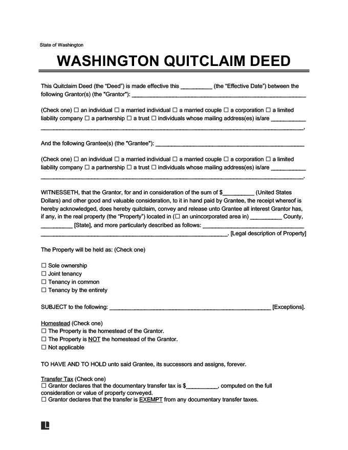 Quit Claim Deed Form Washington State Divorce