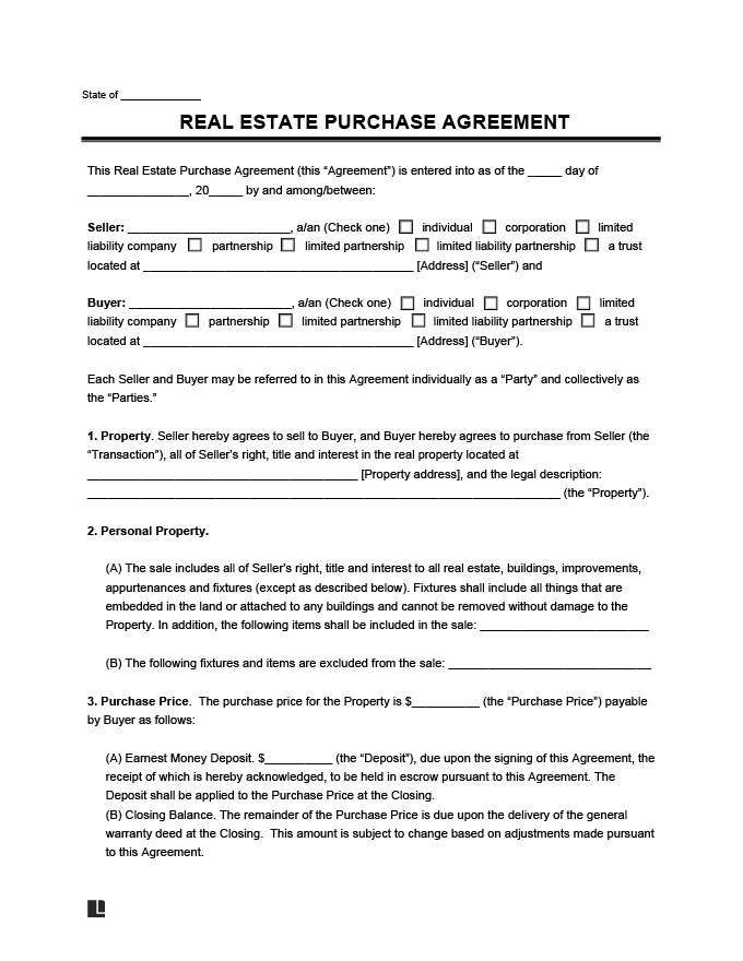 Printable Real Estate Purchase Agreement Template