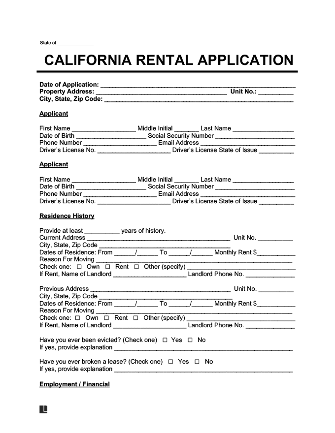 California Lease Rental Application Form Template