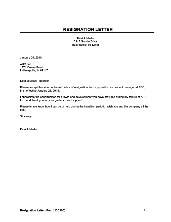 Resign letter template