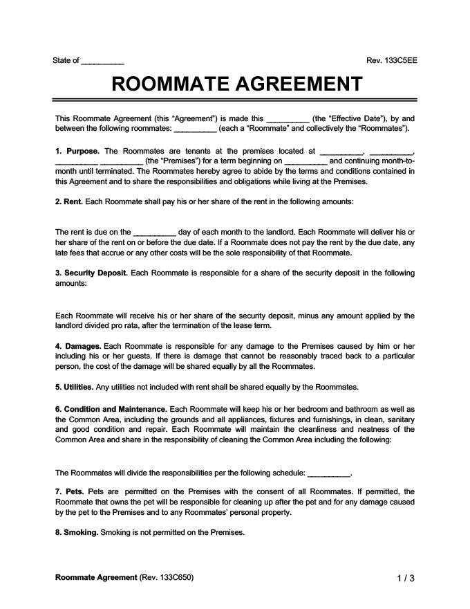 Printable Roommate Agreement   Roommate Agreement 