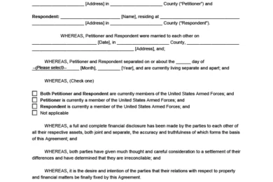 Sample of a Separation Agreement Template for spouses splitting up