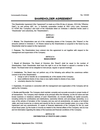 Sample Shareholder Agreement