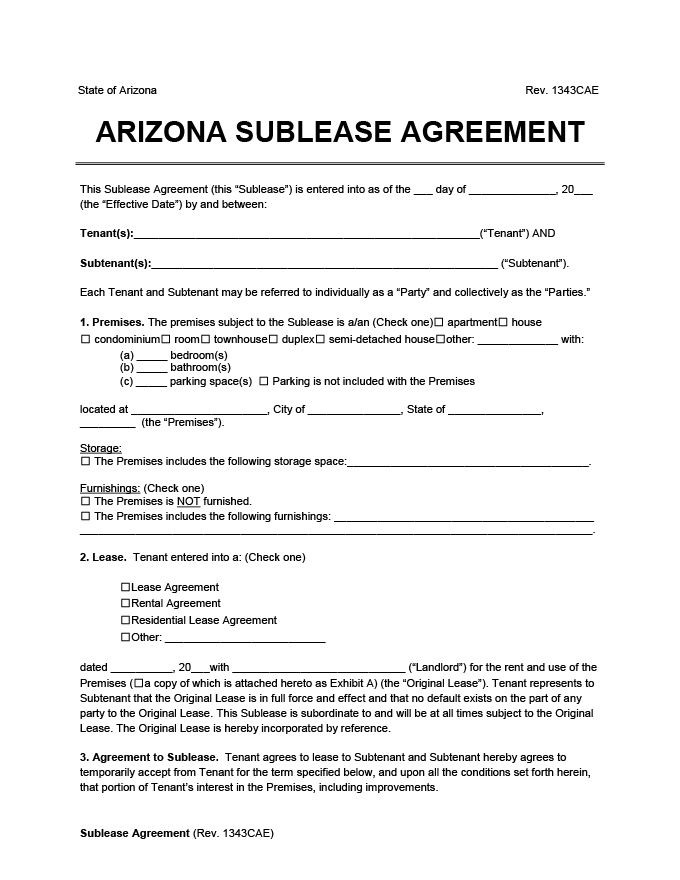 Arizona sublease agreement
