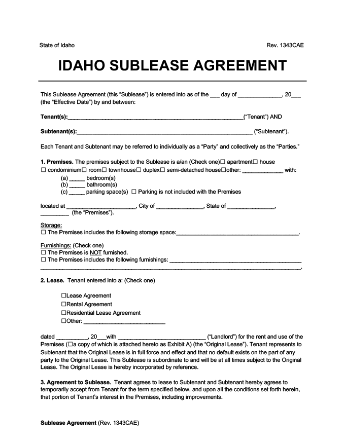 Free Idaho Sublease Agreement [PDF & Word] Legal Templates