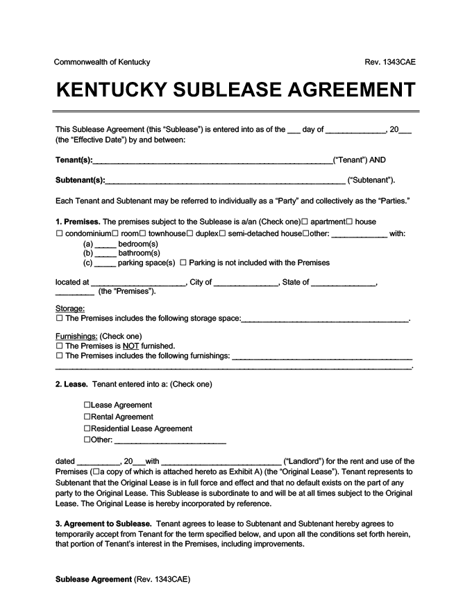 Kentucky Sublease Agreement Template