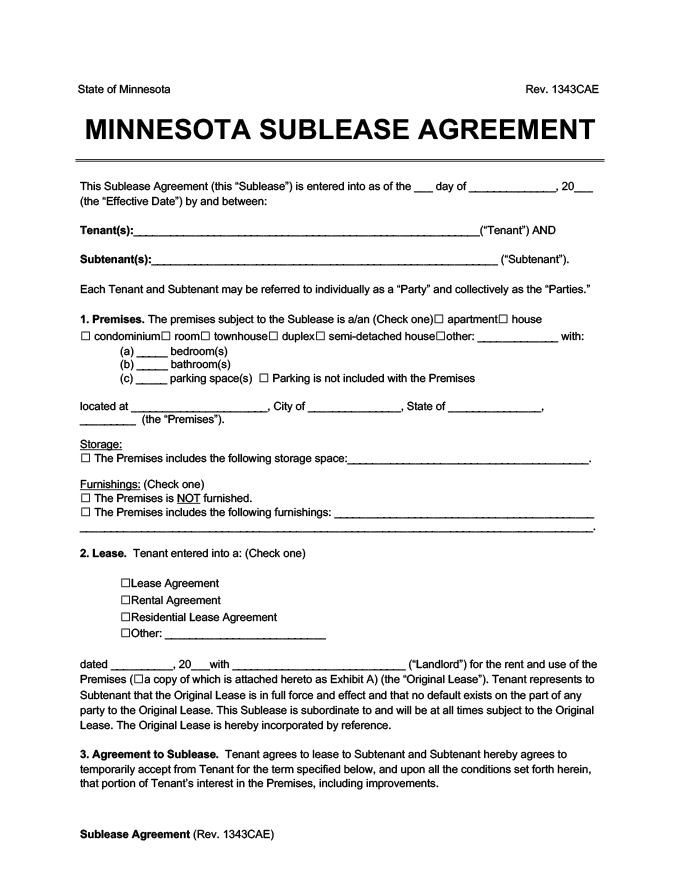 Minnesota Sublease Agreement Template