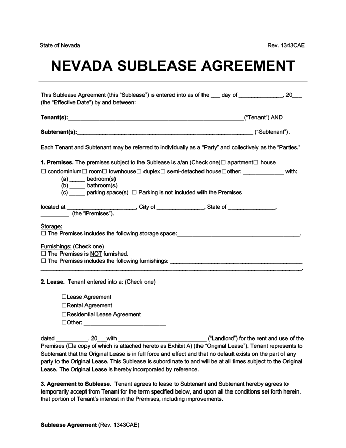 Free Nevada Sublease Agreement [PDF & Word] | Legal Templates