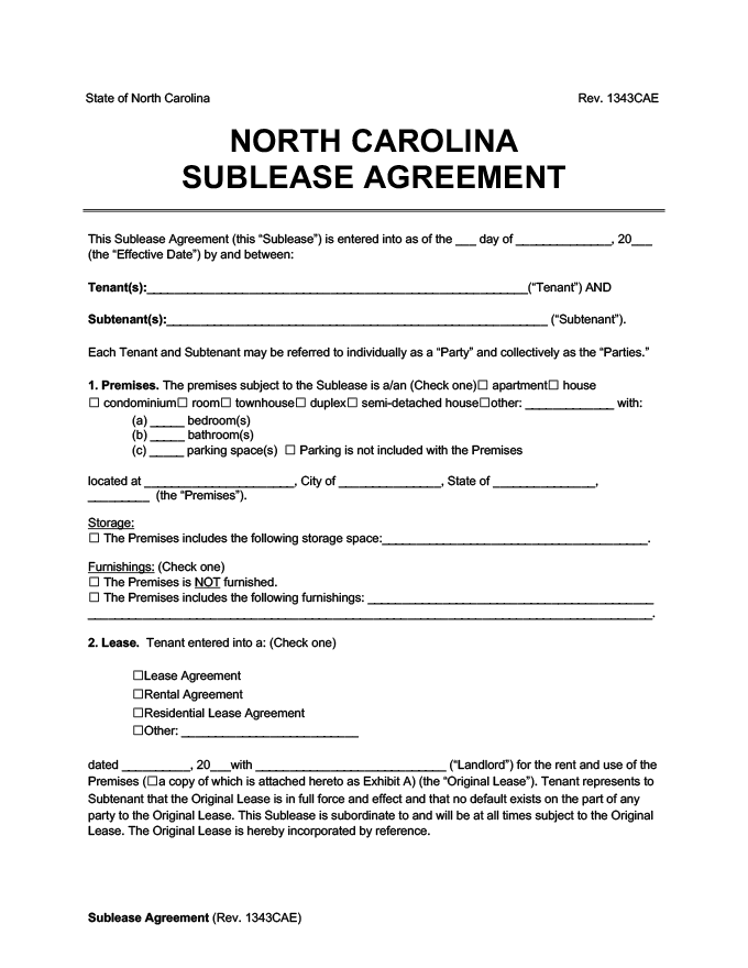 North Carolina Sublease Agreement Template