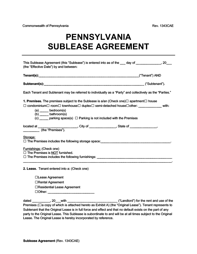 Pennsylvania sublease agreement