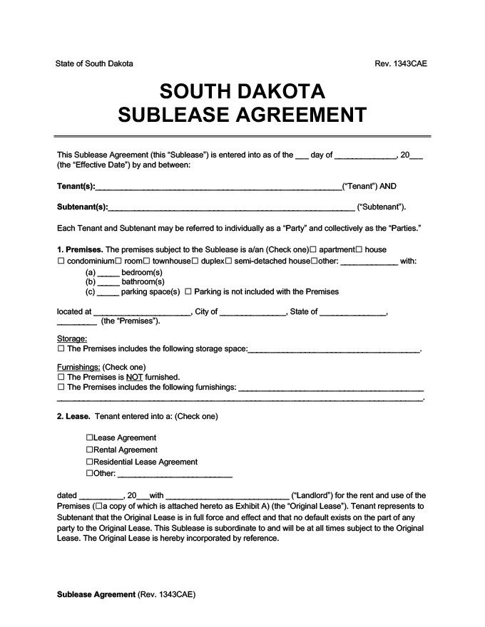 South Dakota sublease agreement
