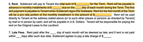 highlighted image of the rent amount section of a sublease agreement