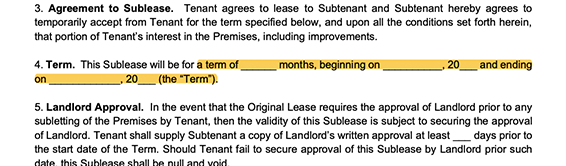 highlighted image of the term length of a sublease agreement