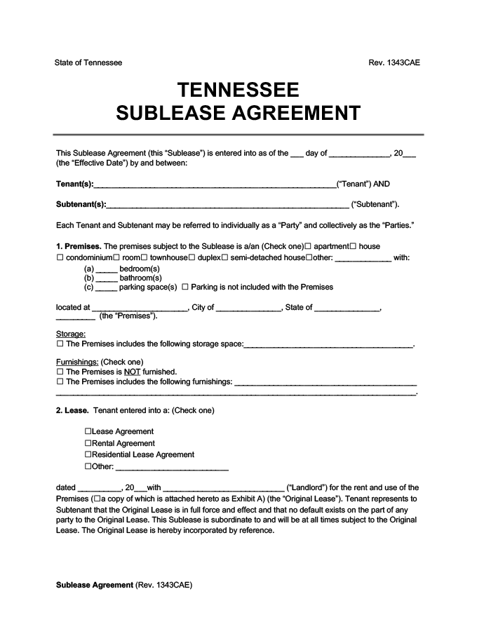 Tennessee sublease agreement