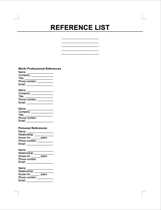 Free Reference List Template Downloadable PDF Word