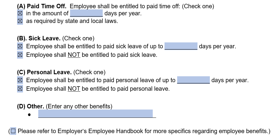 An example of where to detail information about employee benefits in our employment contract template