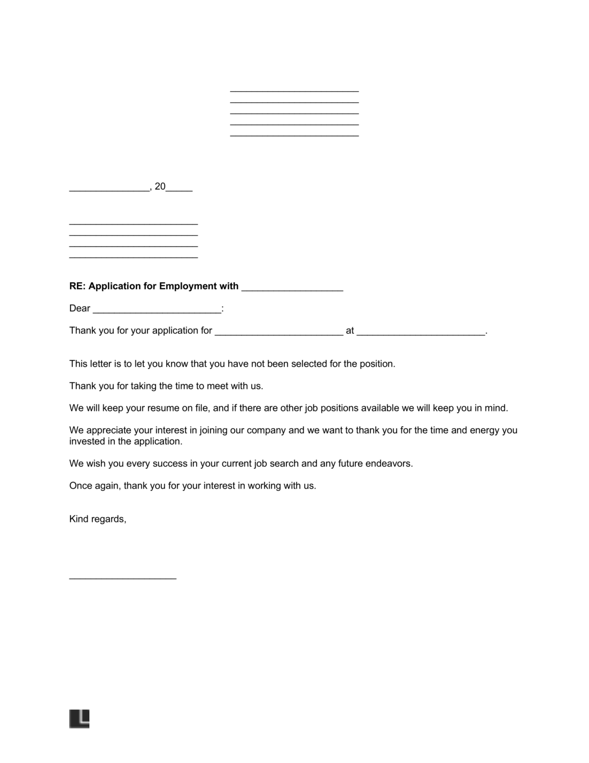 rejection of job application letter sample