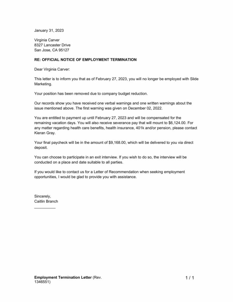 employment termination letter example