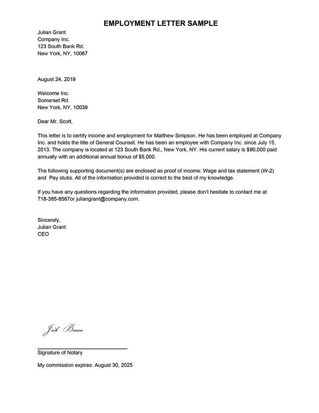 sample employment verification letter