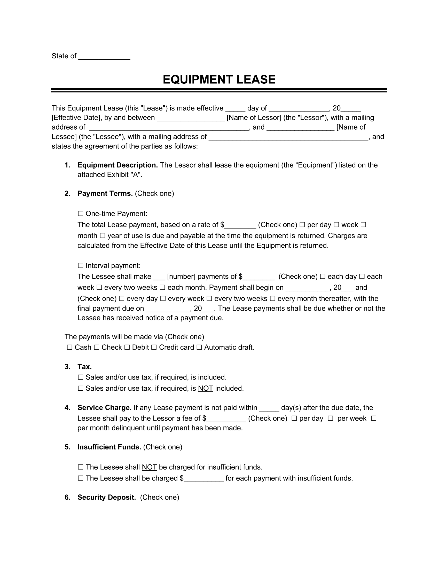 Free Equipment Lease Agreement Template PDF Word