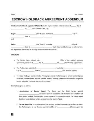 escrow holdback agreement addendum