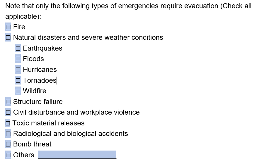 An example of evacuation details in our emergency action plan template.